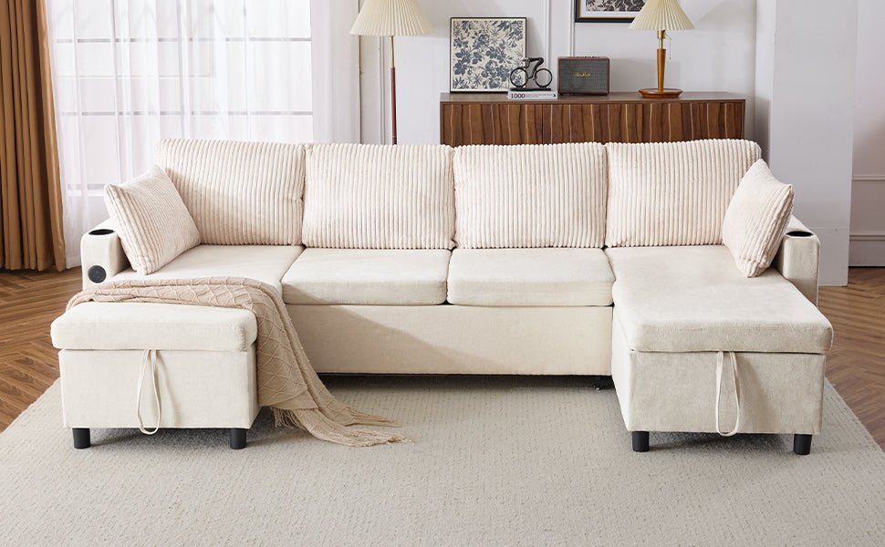 Cream corduroy sectional sofa with chaise lounge and storage ottomans