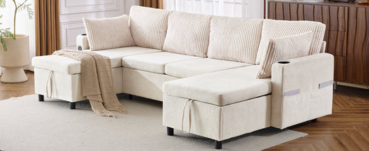 Cream sectional sofa with corduroy pillows and a woven throw blanket for living room comfort
