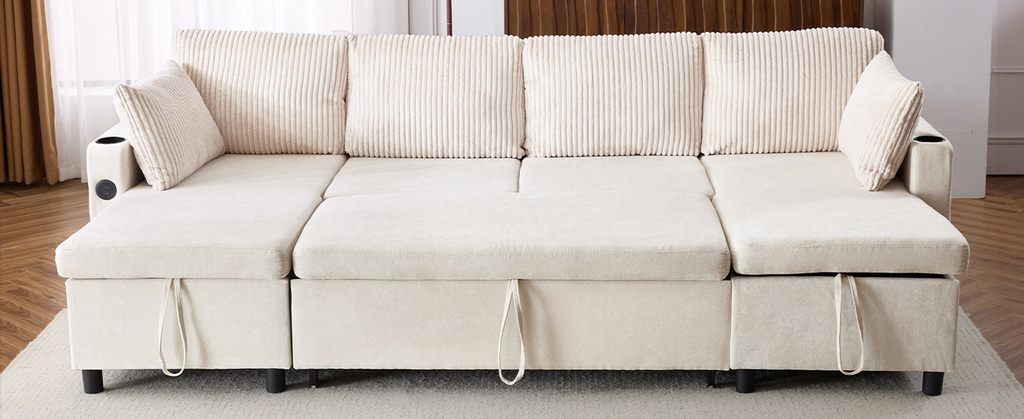 Cream corduroy sectional sofa with pullout storage and builtin cup holders