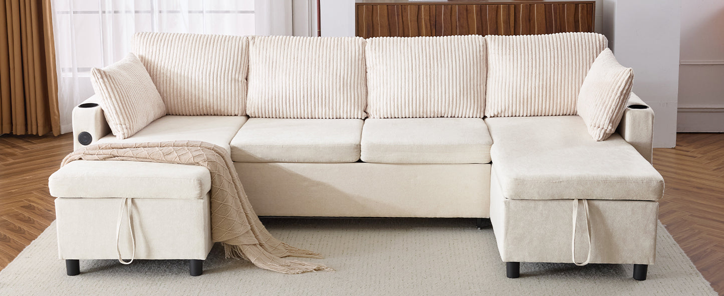 Cream sectional sofa with tufted cushions and hidden storage ottomans