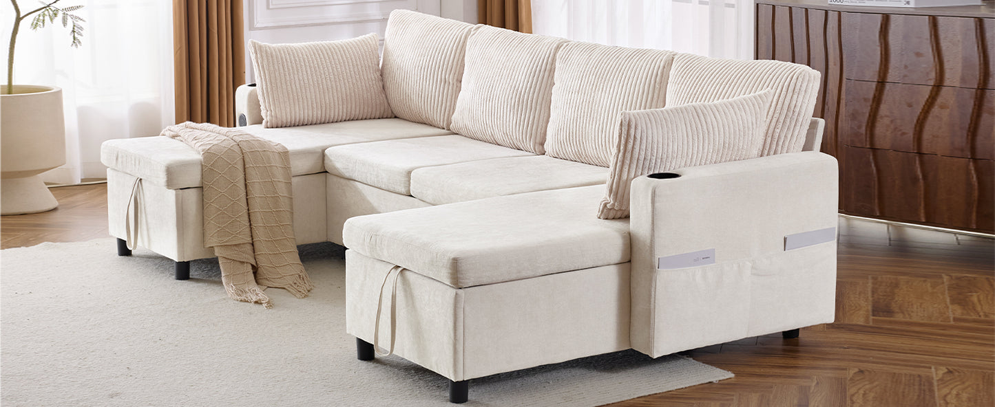 Cream sectional sofa with storage ottoman and cup holder plush corduroy accent pillows