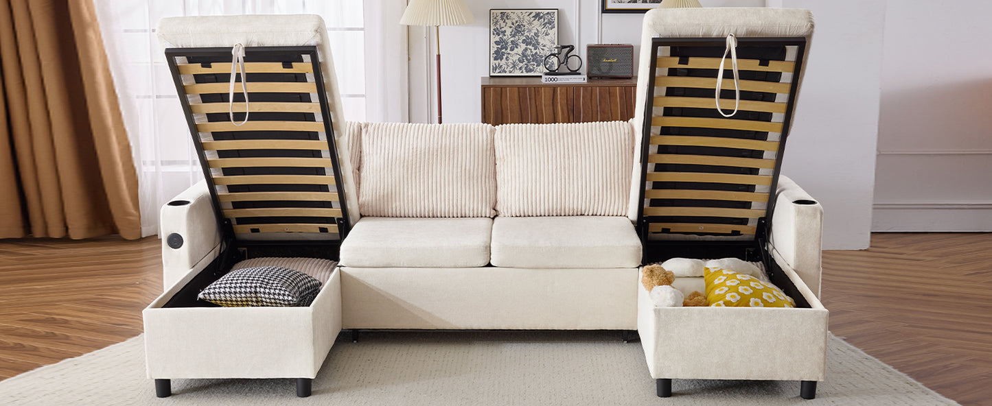 Cream velvet sectional sofa with hidden storage compartments and lifted bed frame