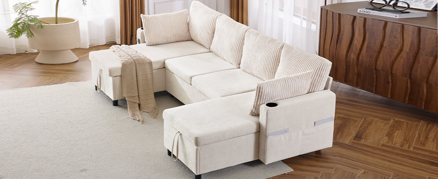 Cream corduroy sectional sofa with storage ottomans and cupholder