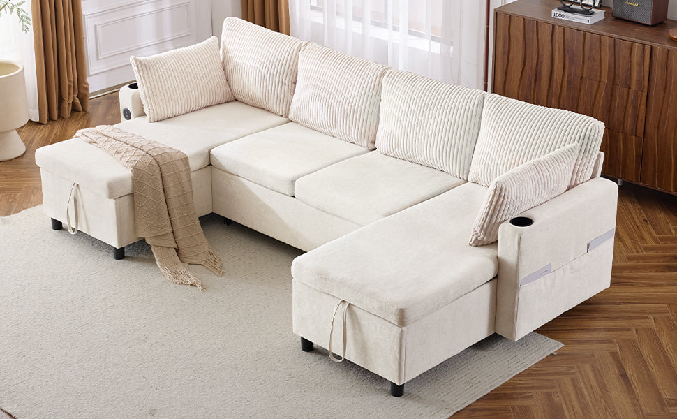 Cream sectional sofa with storage ottomans and plush corduroy cushions