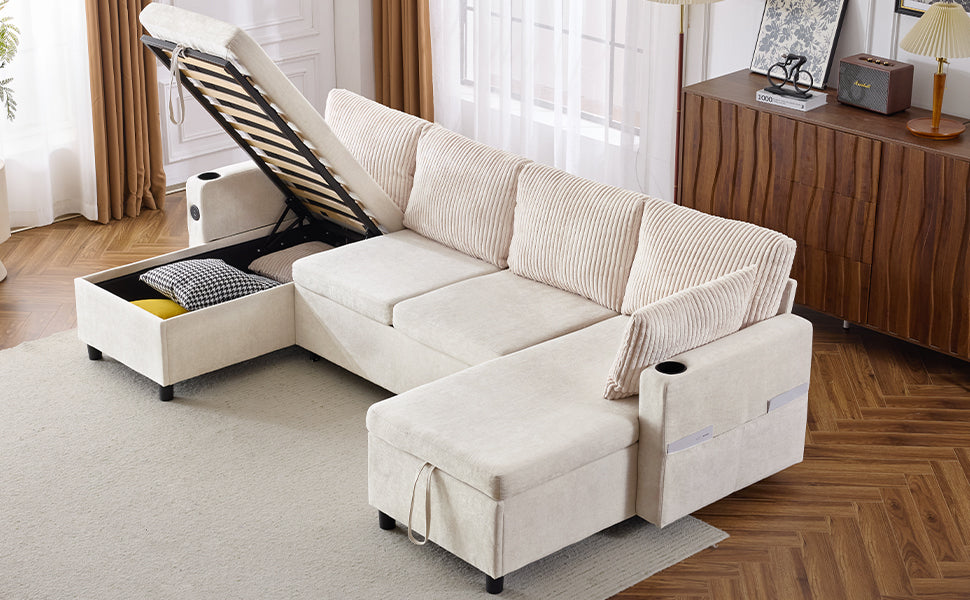 Cream sectional sofa with storage ottoman and hidden bed mechanism perfect for living rooms