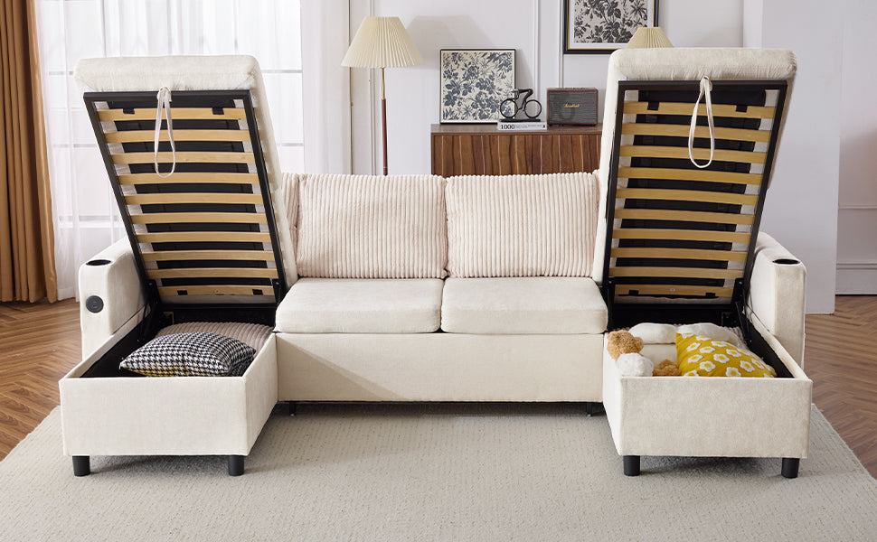 Cream sectional sofa with open storage compartments and pullout bed mechanism