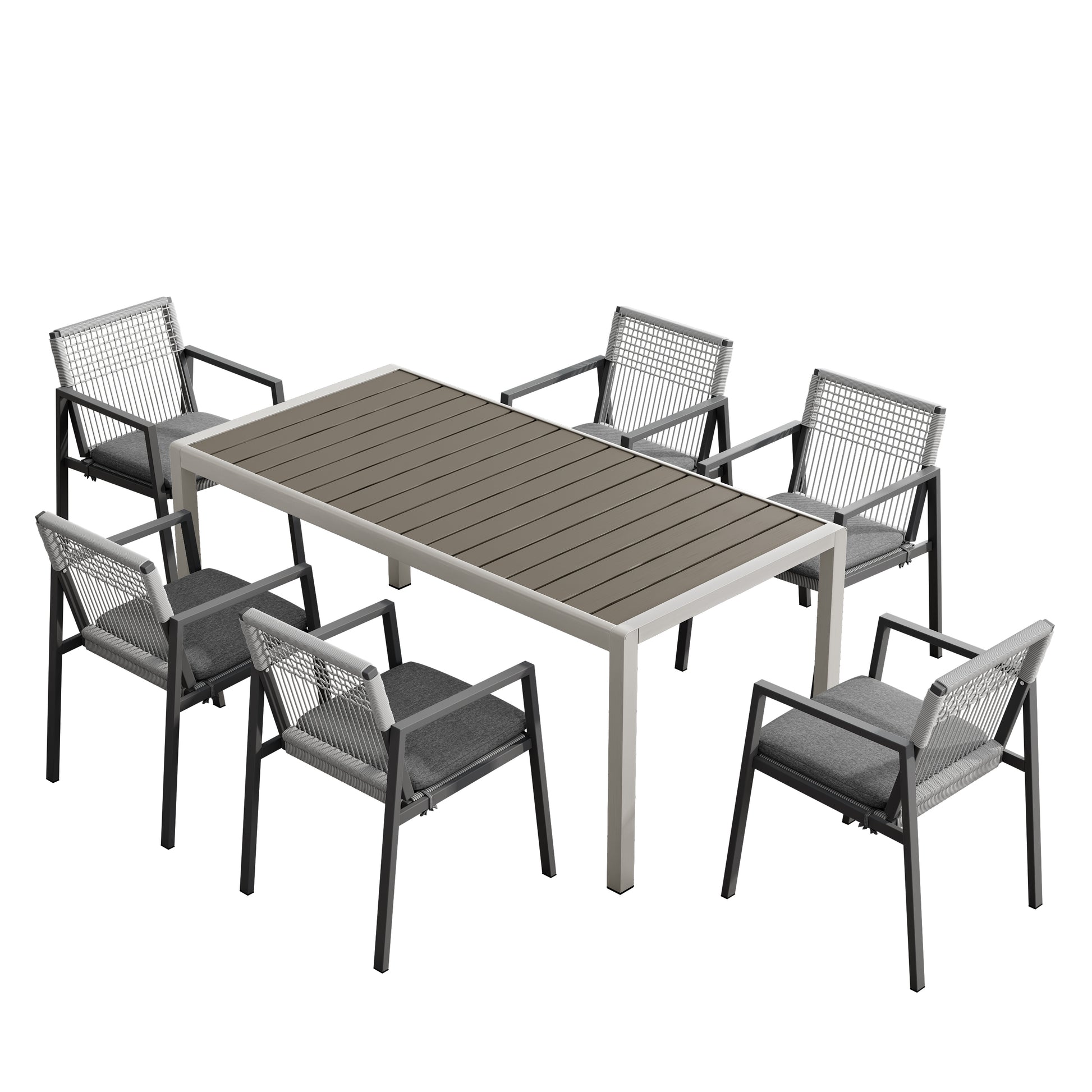Modern grey rope and aluminum patio dining set with grey cushions seating six