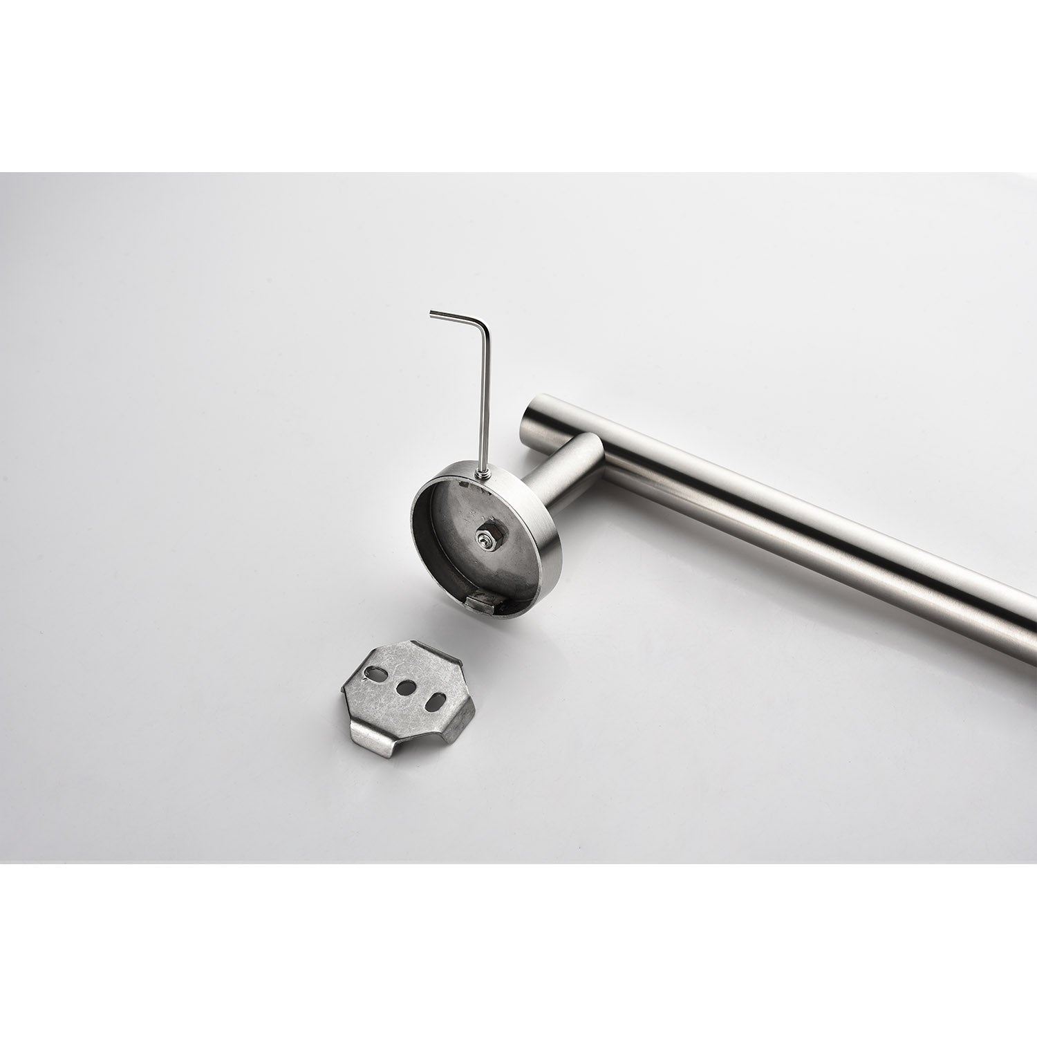 Brushed nickel towel bar with mounting hardware including Allen wrench