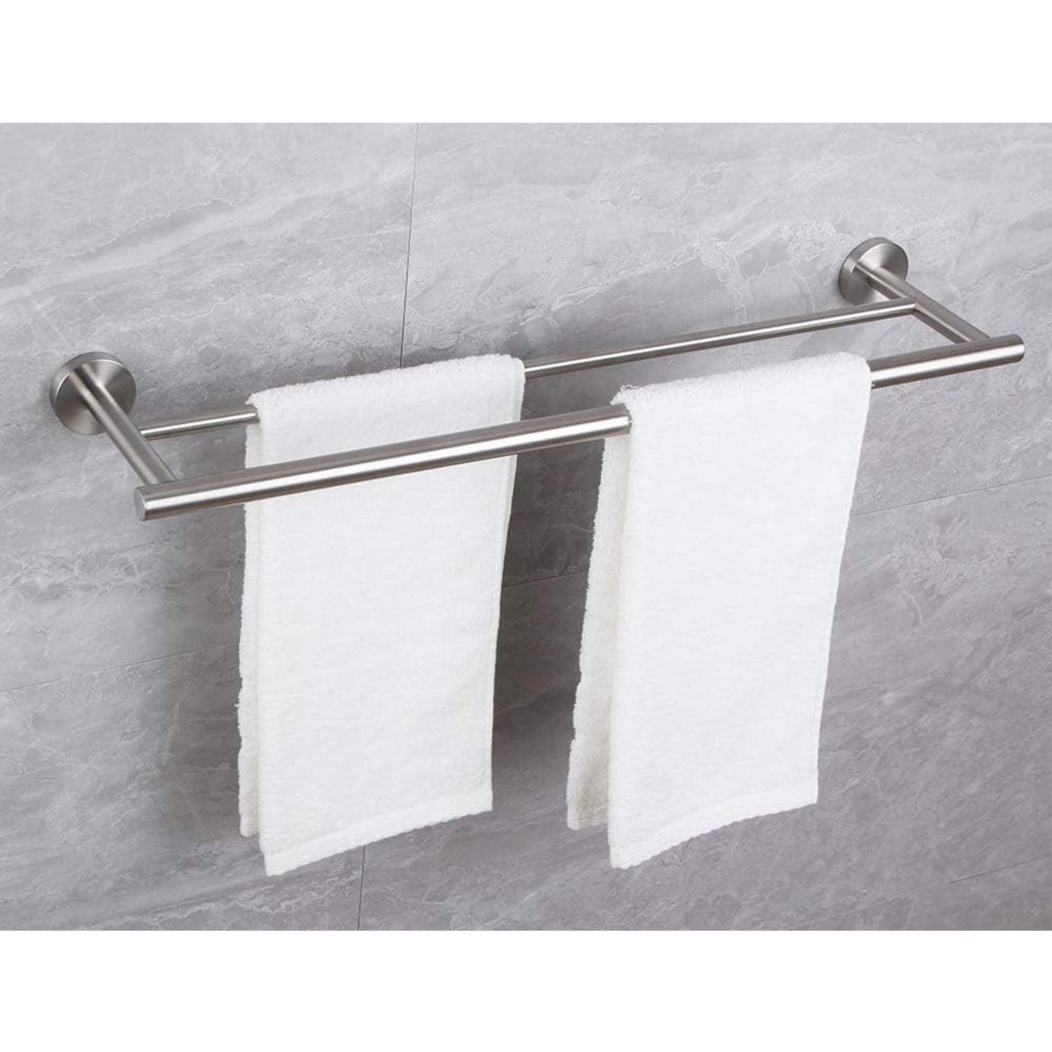 Brushed nickel double towel bar mounted on a gray marble tile wall