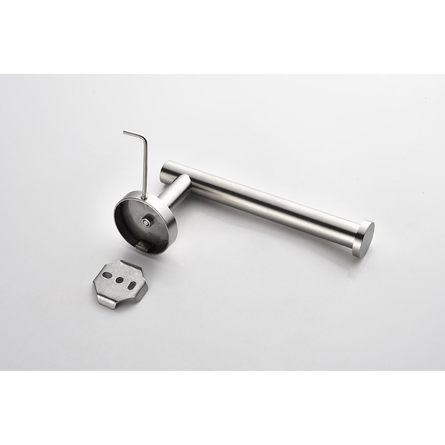 Brushed nickel toilet paper holder with wall mount plate and allen wrench for installation