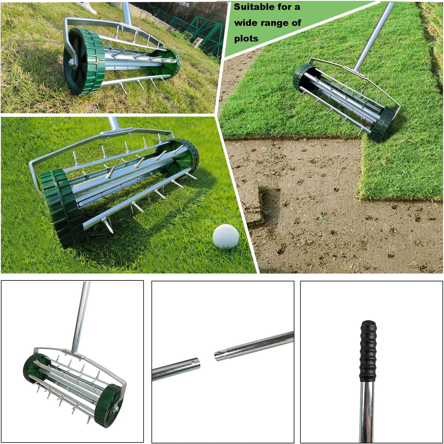 Spiked lawn aerator with green wheels on lush green grass
