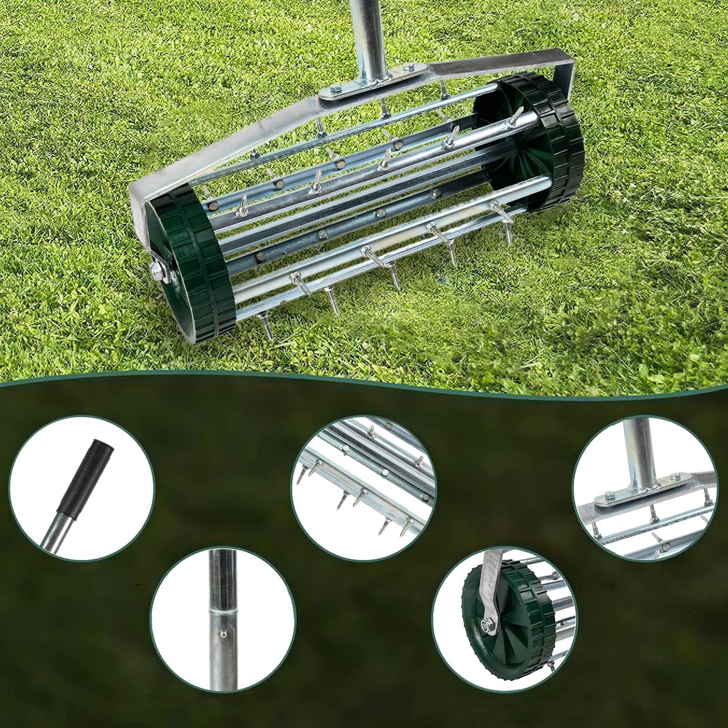 Metal lawn aerator with green wheels on grass ideal for garden maintenance