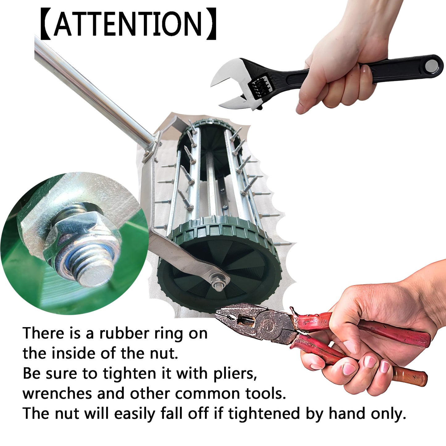 Adjustable wrench used for tightening a nut on a garden tool assembly