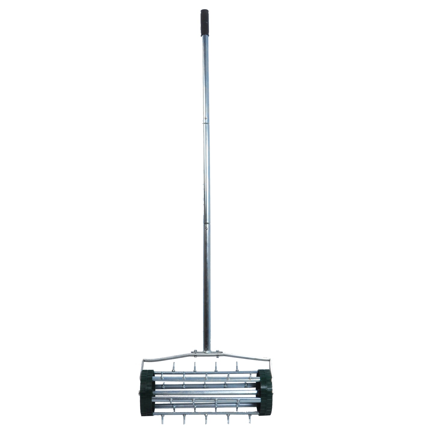 Roller lawn aerator with metal spikes and a long handle for garden maintenance