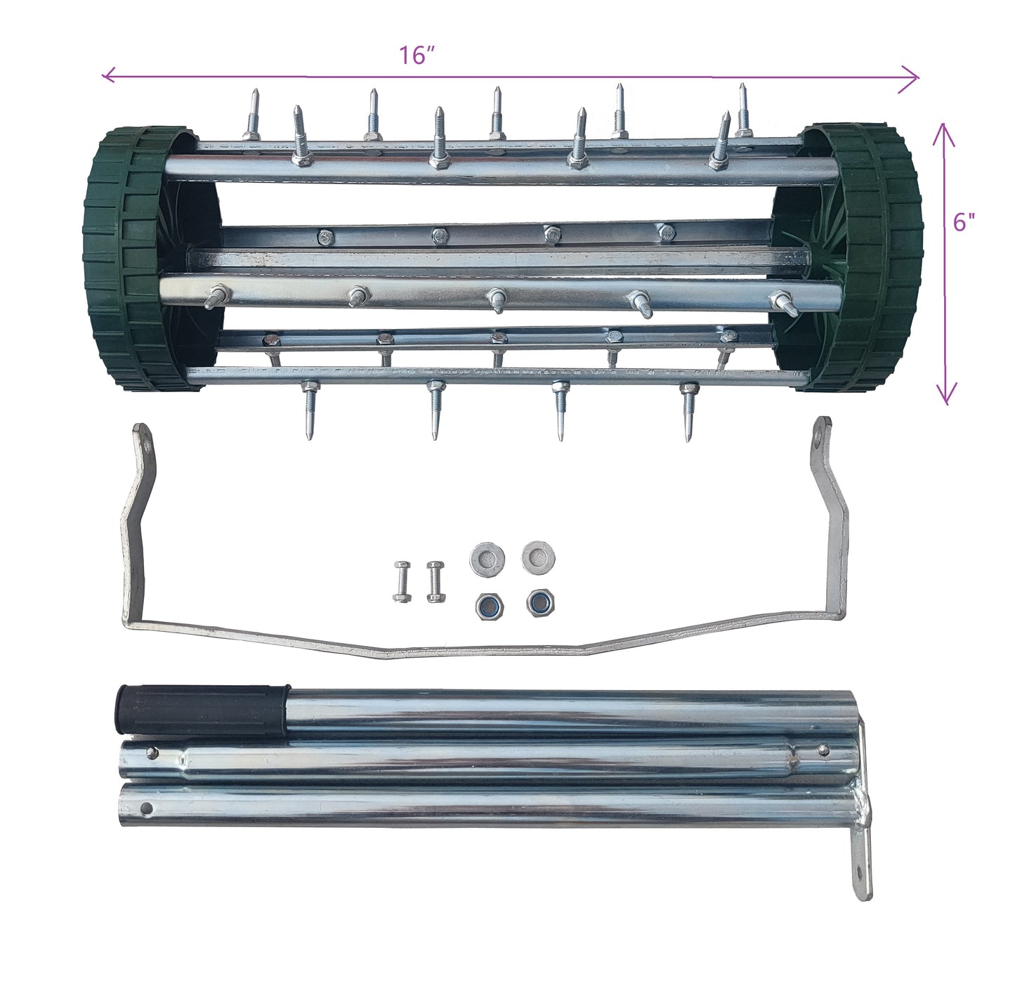 inch lawn aerator with steel spikes and green wheels for easy turf maintenance