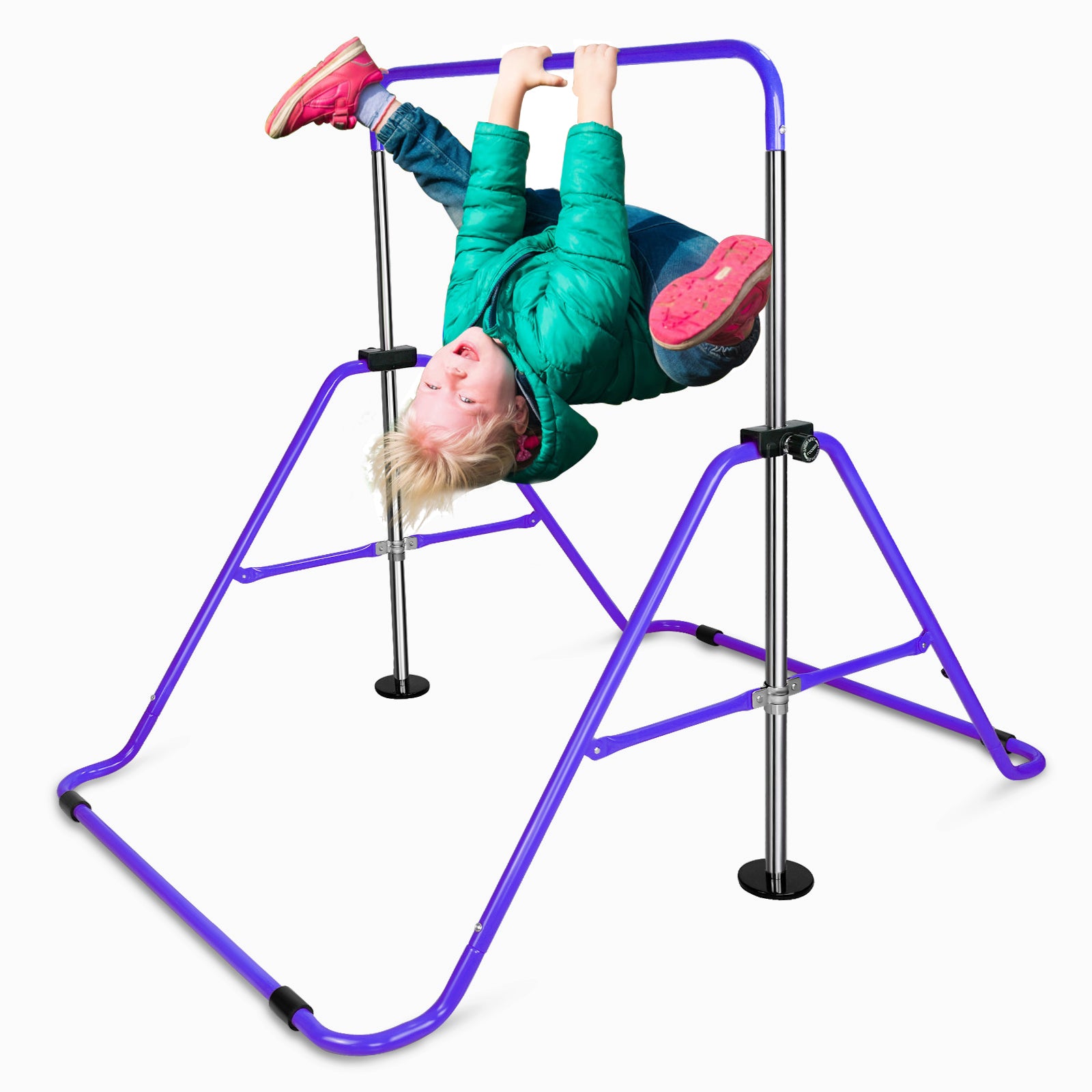 Young child happily hanging upside down on a purple gymnastics bar