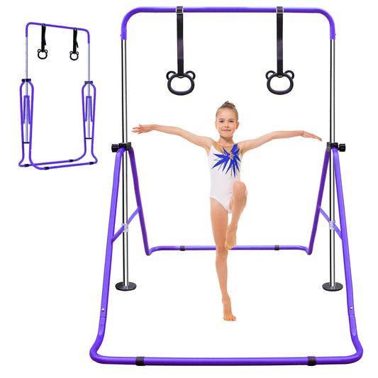 Purple childrens gymnastics bar with rings perfect for training young athletes at home