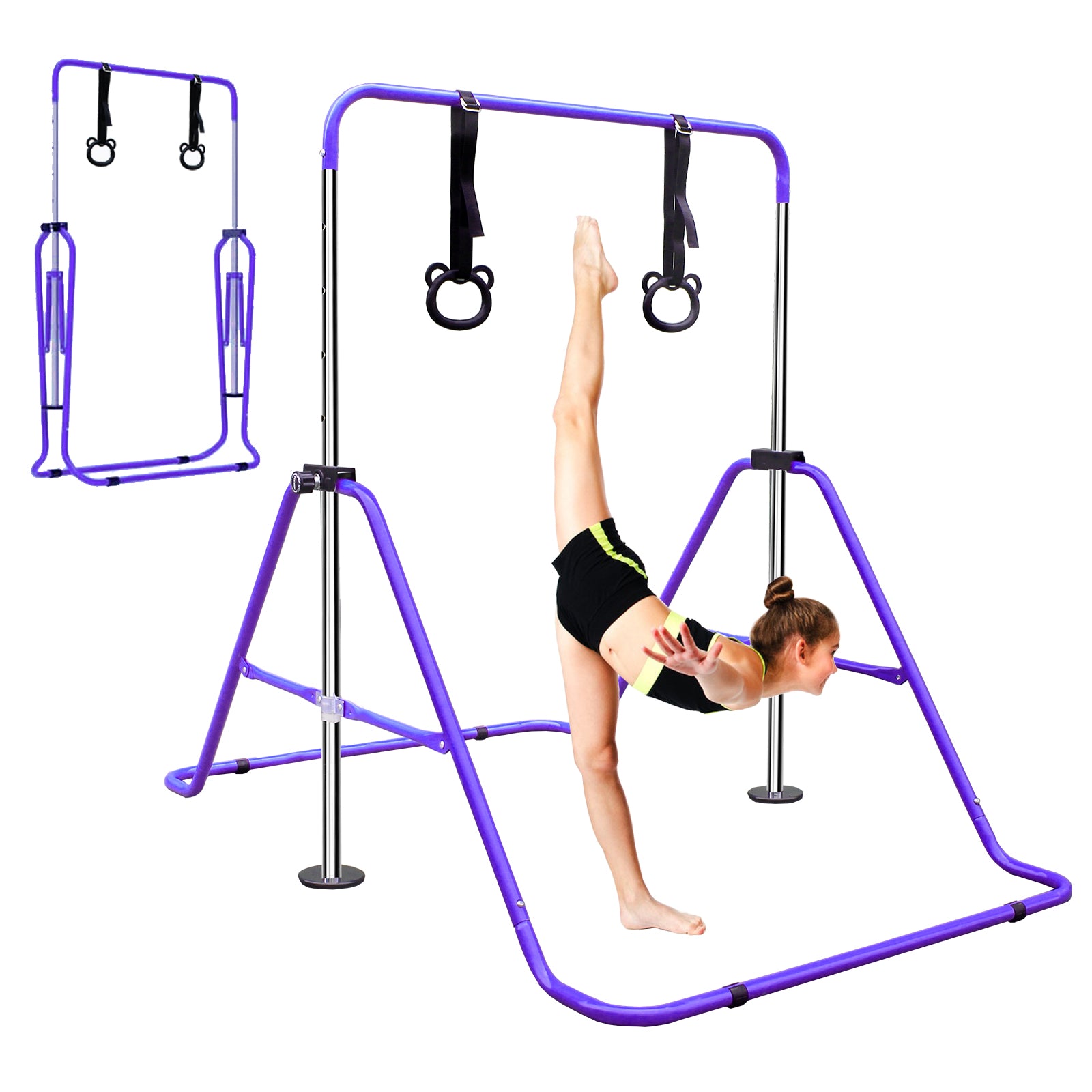 Purple gymnastics bar with rings and a girl performing a split on it