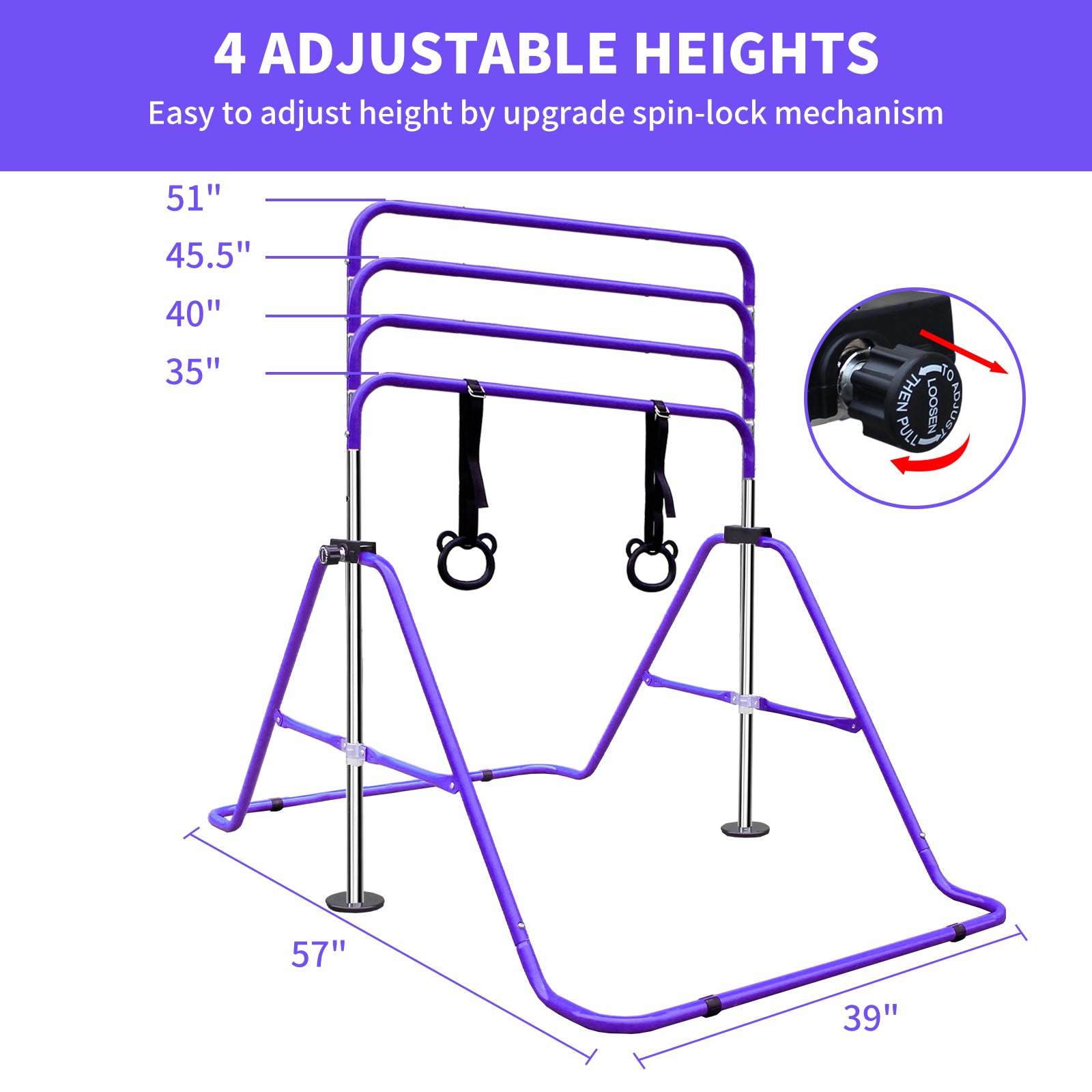 Purple gymnastics bar with  adjustable heights for kids