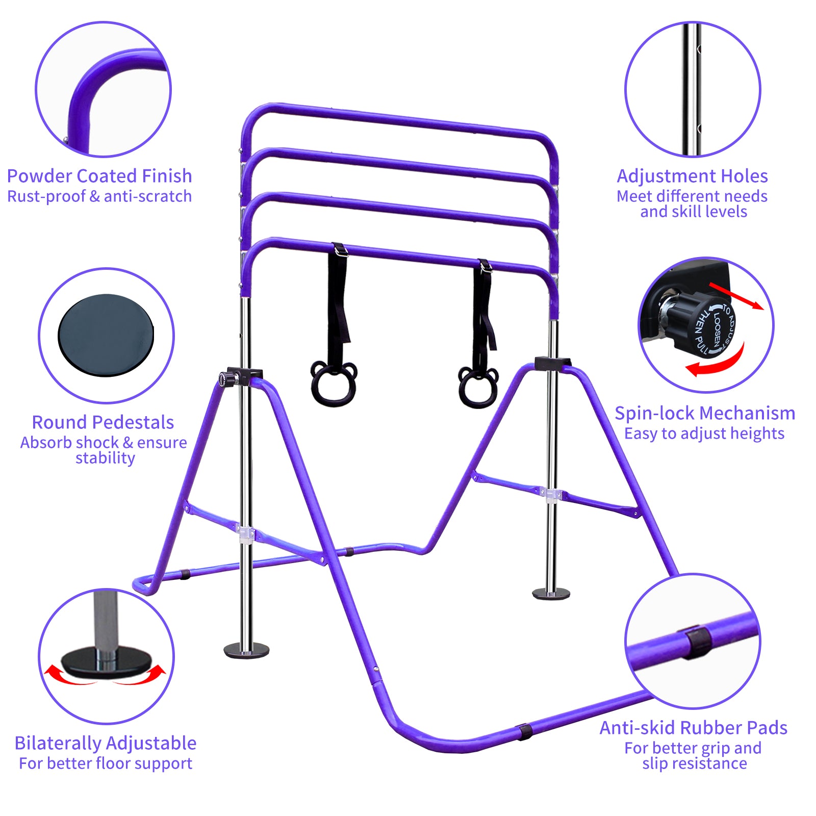 Purple adjustable gymnastics bar with spinlock mechanism for height adjustment