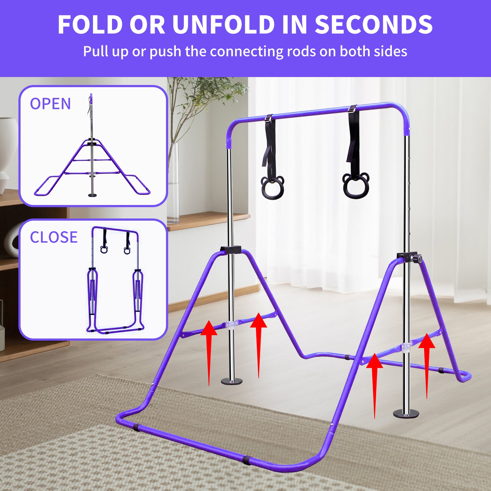 Purple folding yoga pole stand with attached straps and rings for aerial yoga