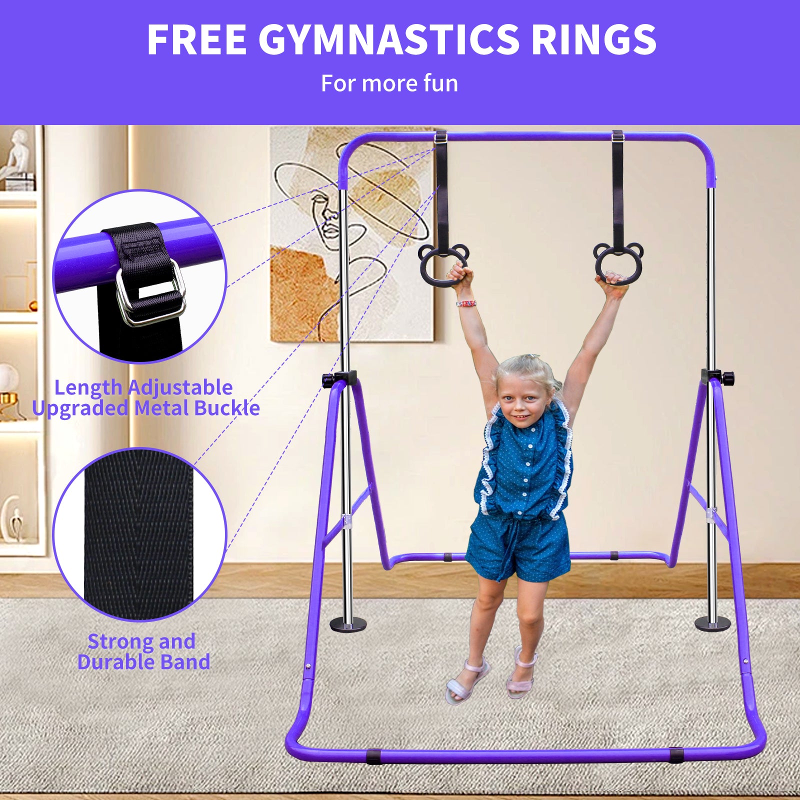 Purple gymnastics bar with adjustable straps and bearshaped rings featuring a young girl swinging