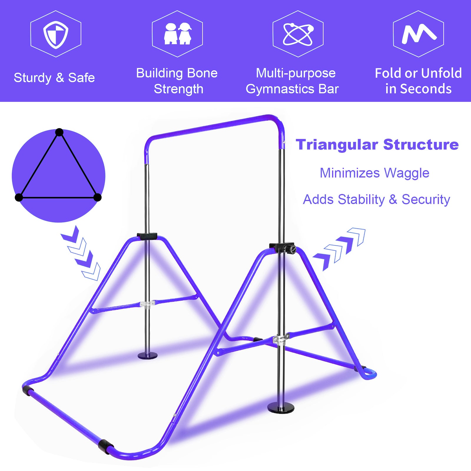 Purple triangular gymnastics bar with steel supports for child training