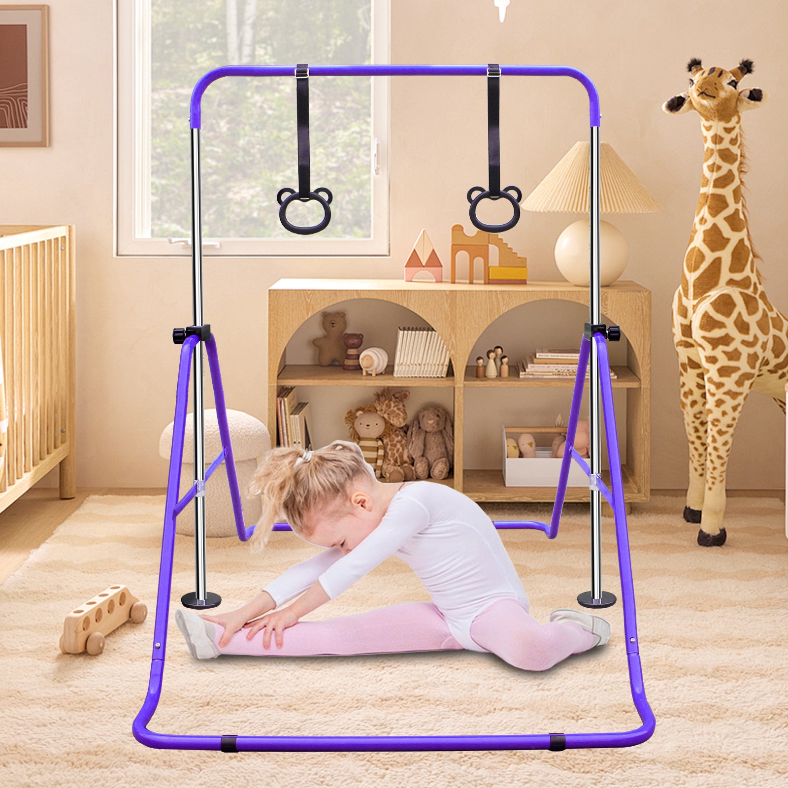Purple junior gymnastics bar with rings designed for young athletes practicing at home