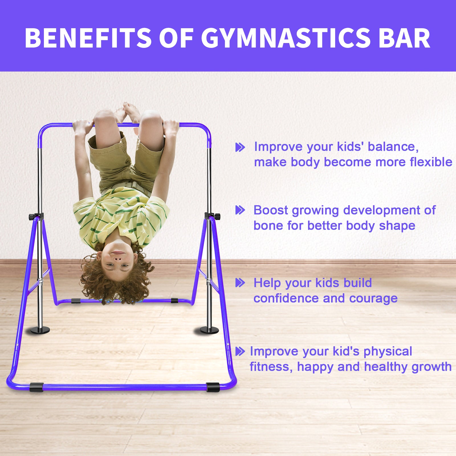 Purple kids gymnastics bar with a child hanging upside down promoting balance