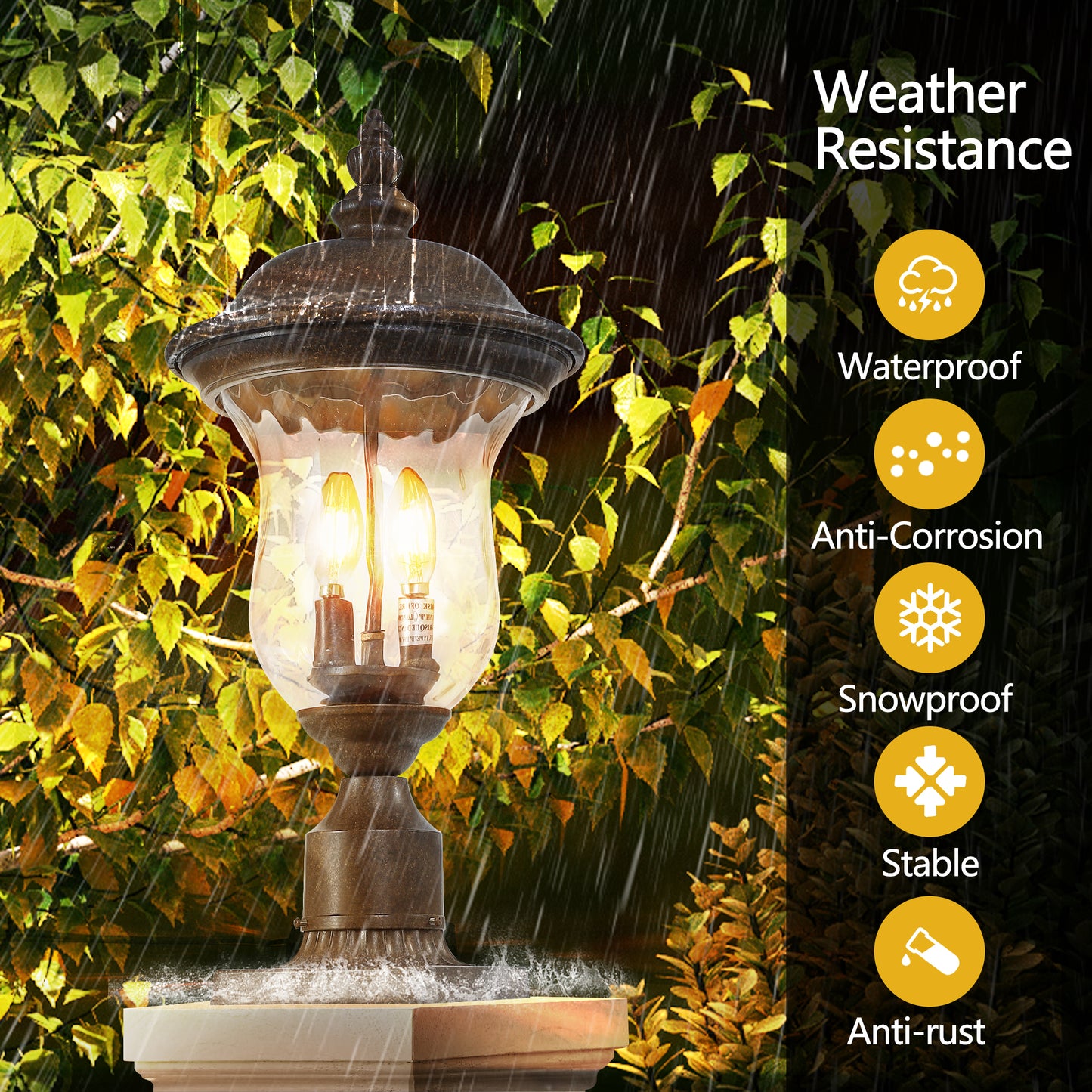 Ornate bronze outdoor lantern with clear glass panels and dual Edison bulbs designed for exterior lighting