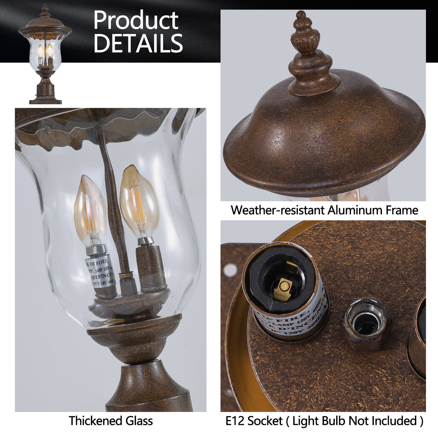 Rustic bronze outdoor lamp with clear glass shade and two Edison bulbs