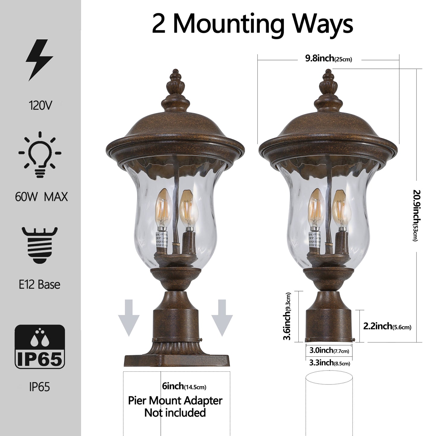 Rustic bronze outdoor lantern with clear seeded glass and two visible Edison bulbs