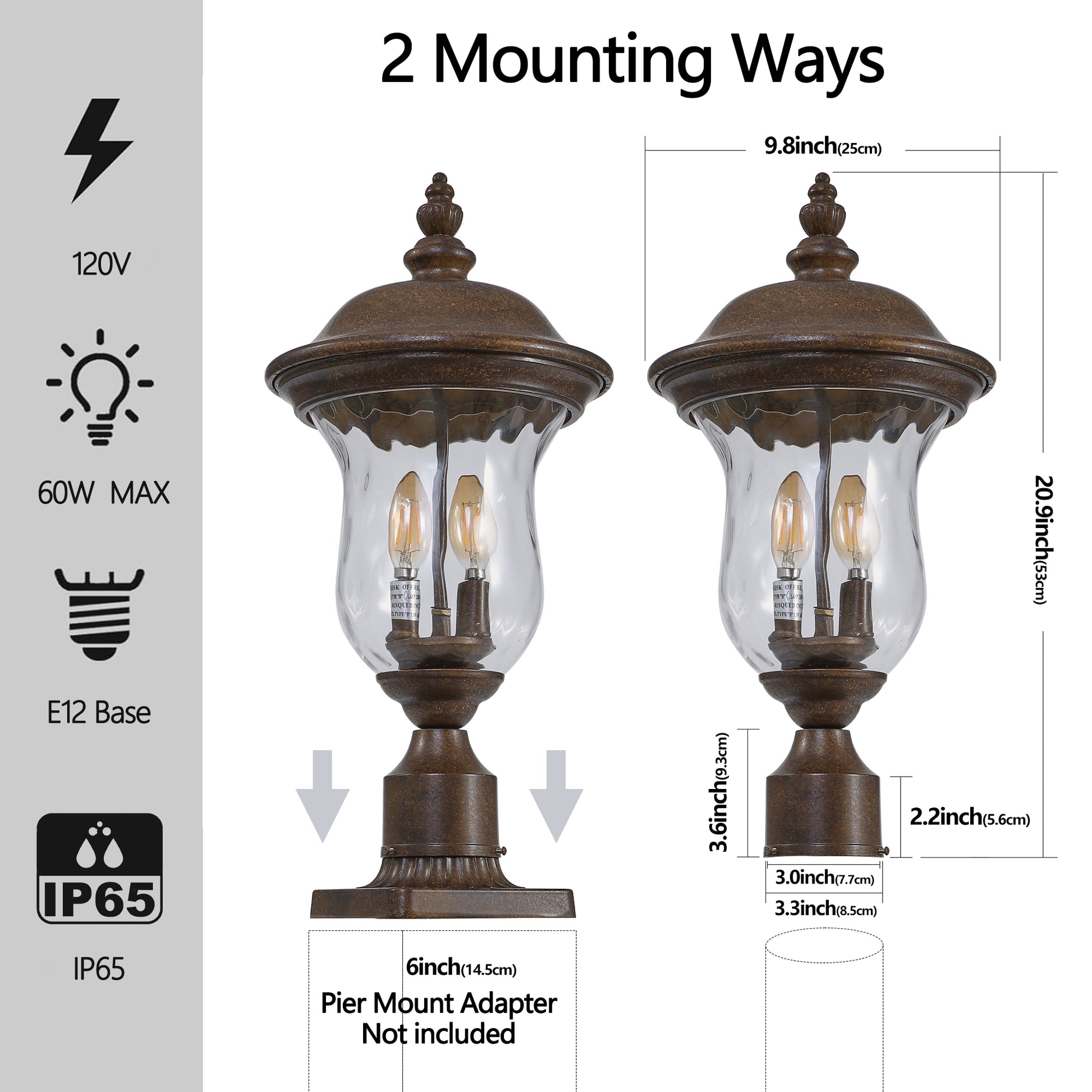 Rustic bronze outdoor lantern with clear seeded glass and two visible Edison bulbs