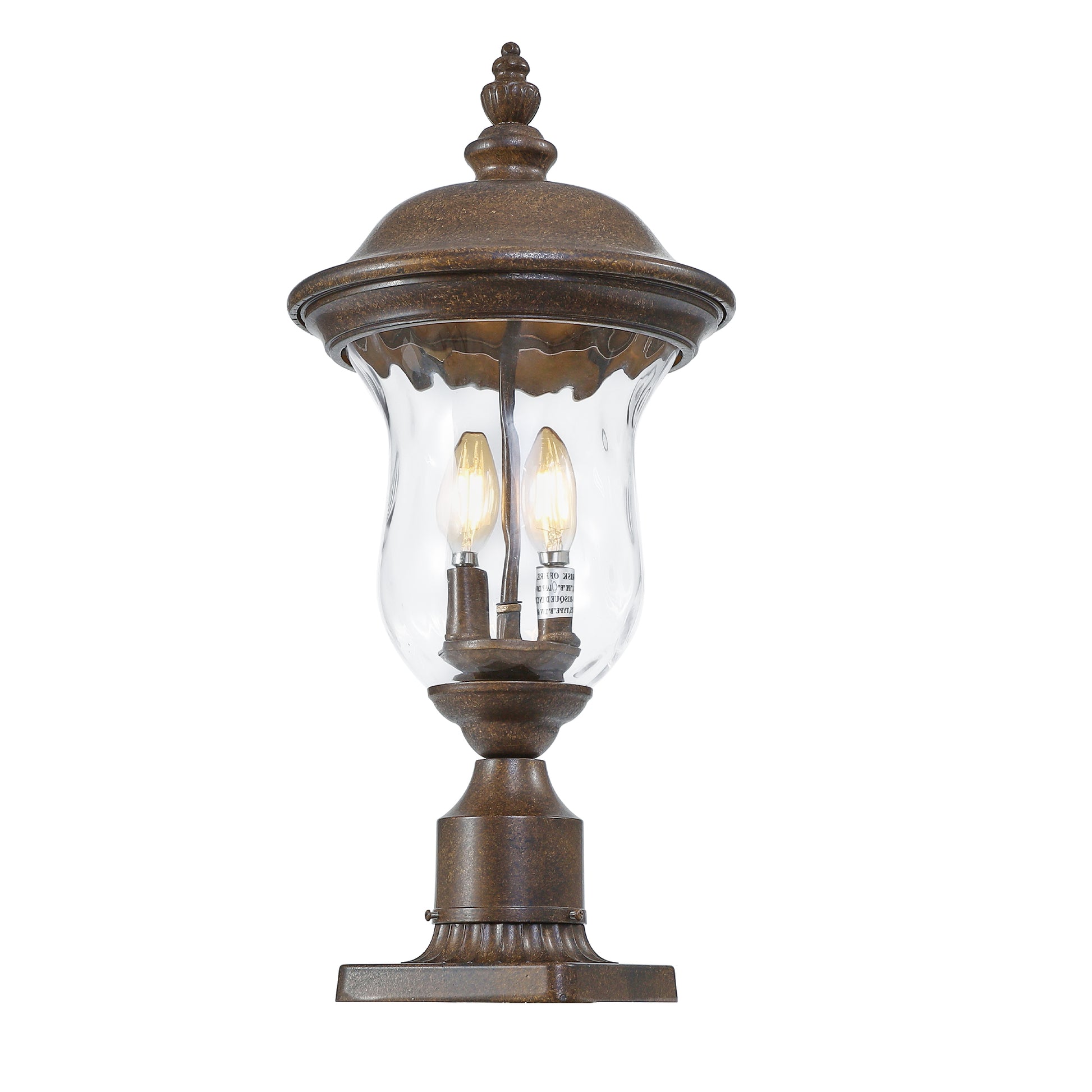 Rustic bronze outdoor post light with clear seeded glass and two candelabra bulbs