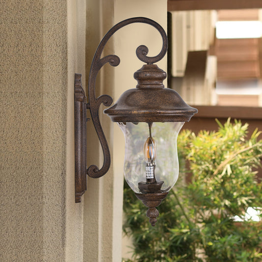 Rustic bronze outdoor wall lantern with clear glass shade