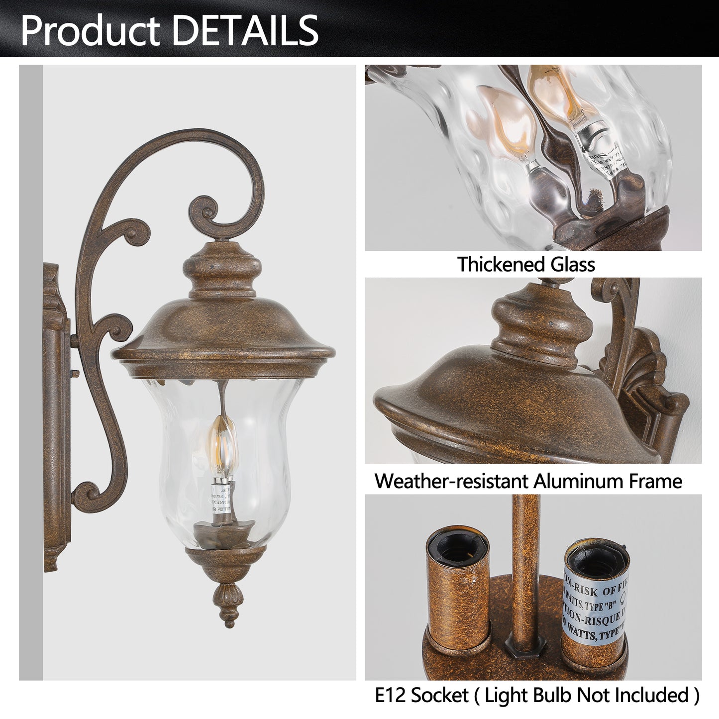 Rustic bronze outdoor wall lantern with clear seeded glass and decorative scrolled arm