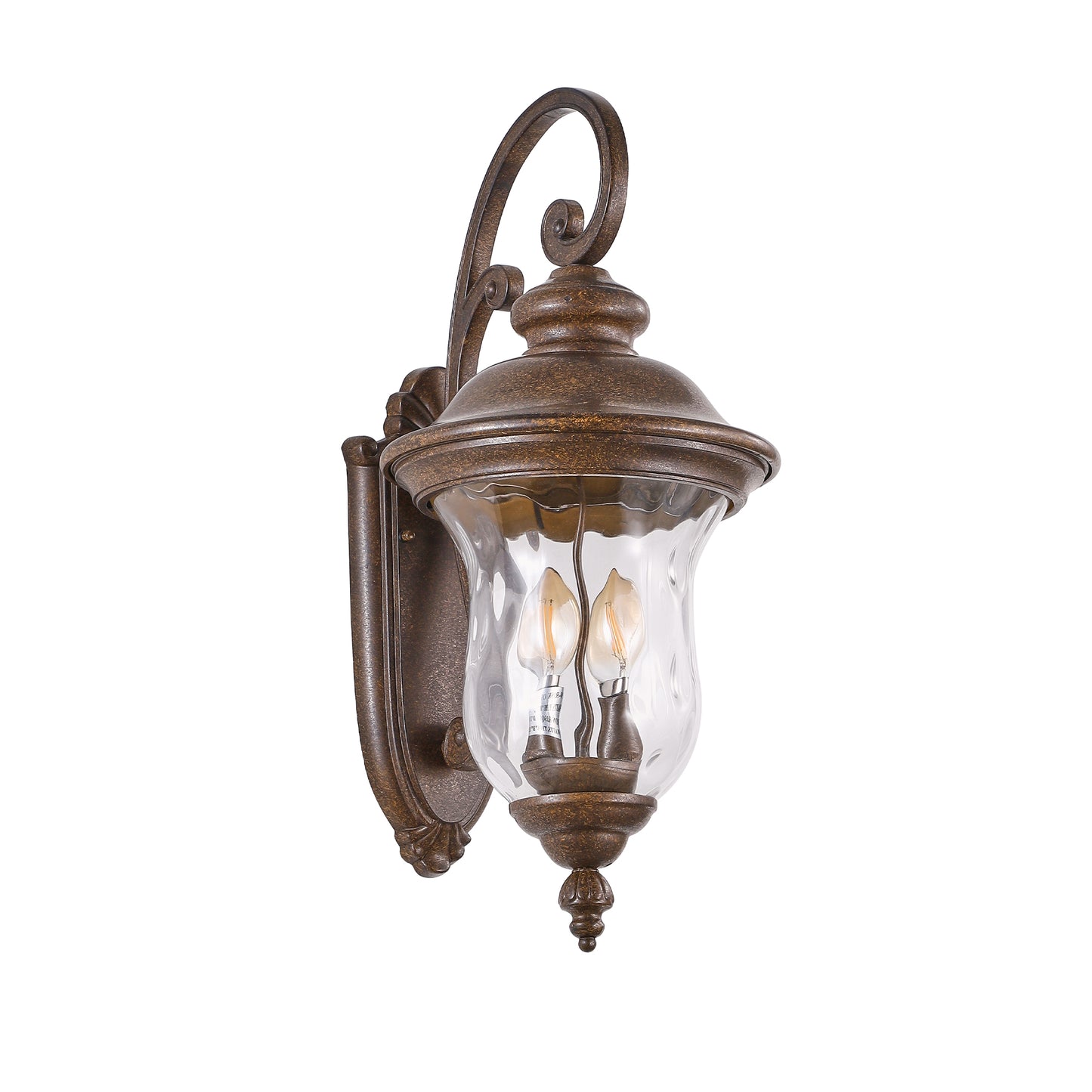 Rustic bronze outdoor wall light with clear seeded glass and two visible Edison bulbs