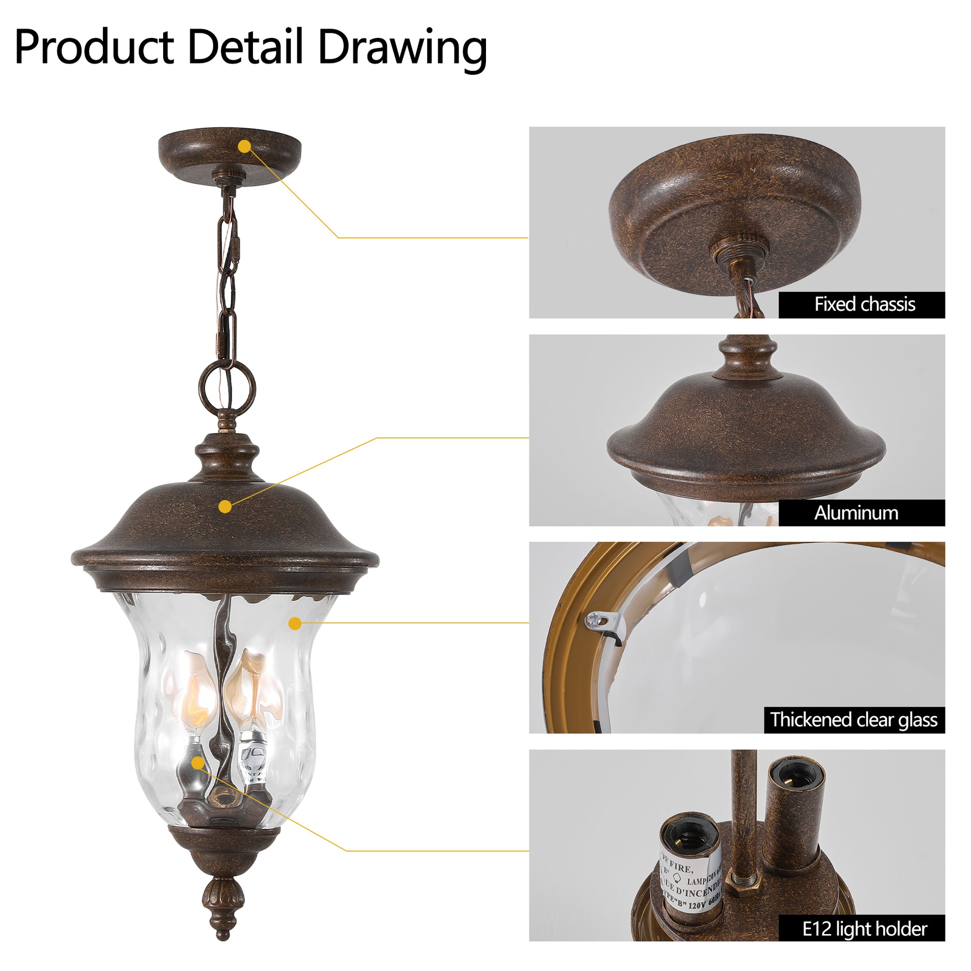 Rustic bronze hanging pendant light with textured clear glass shade
