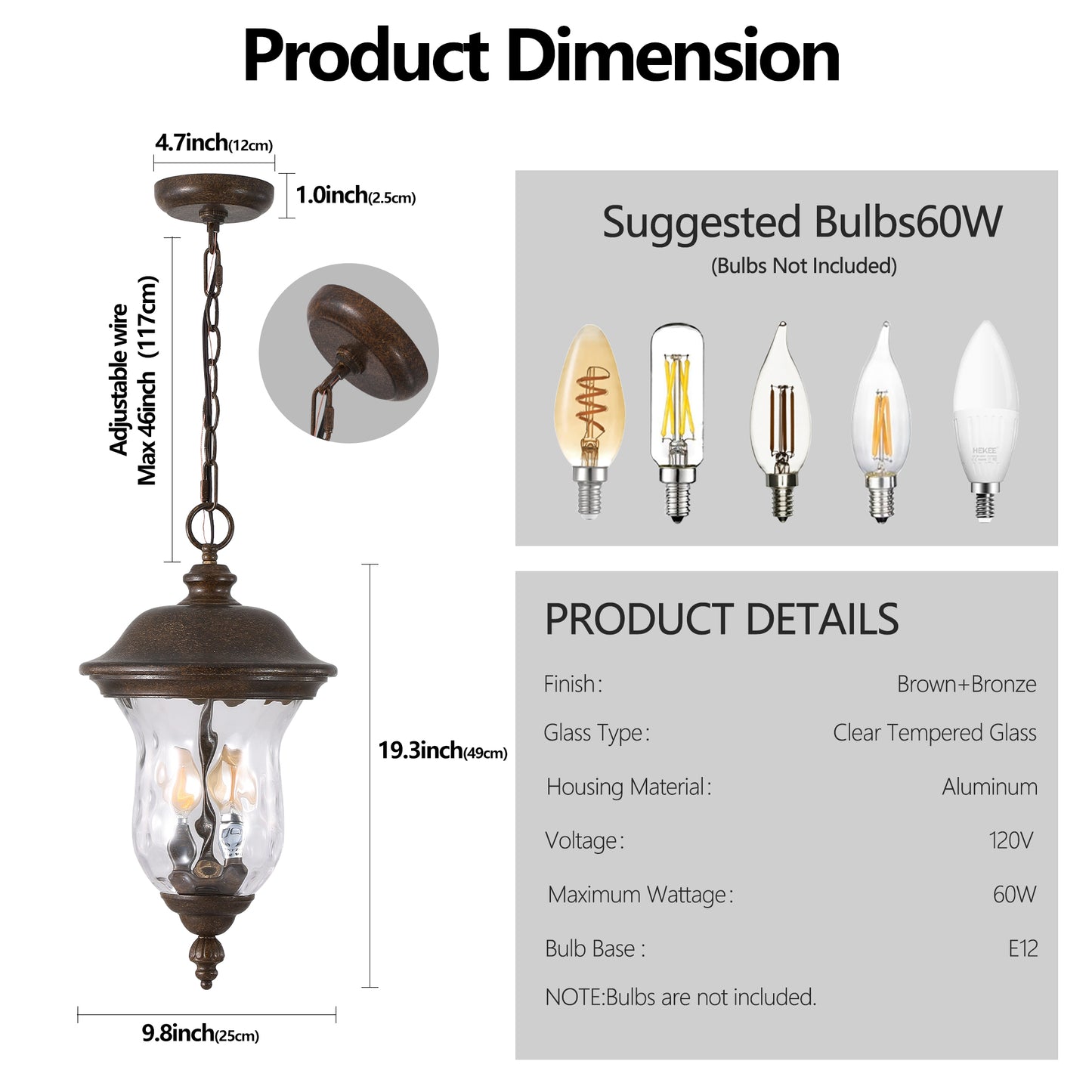 Bronze and clear glass pendant light with adjustable chain  inches tall