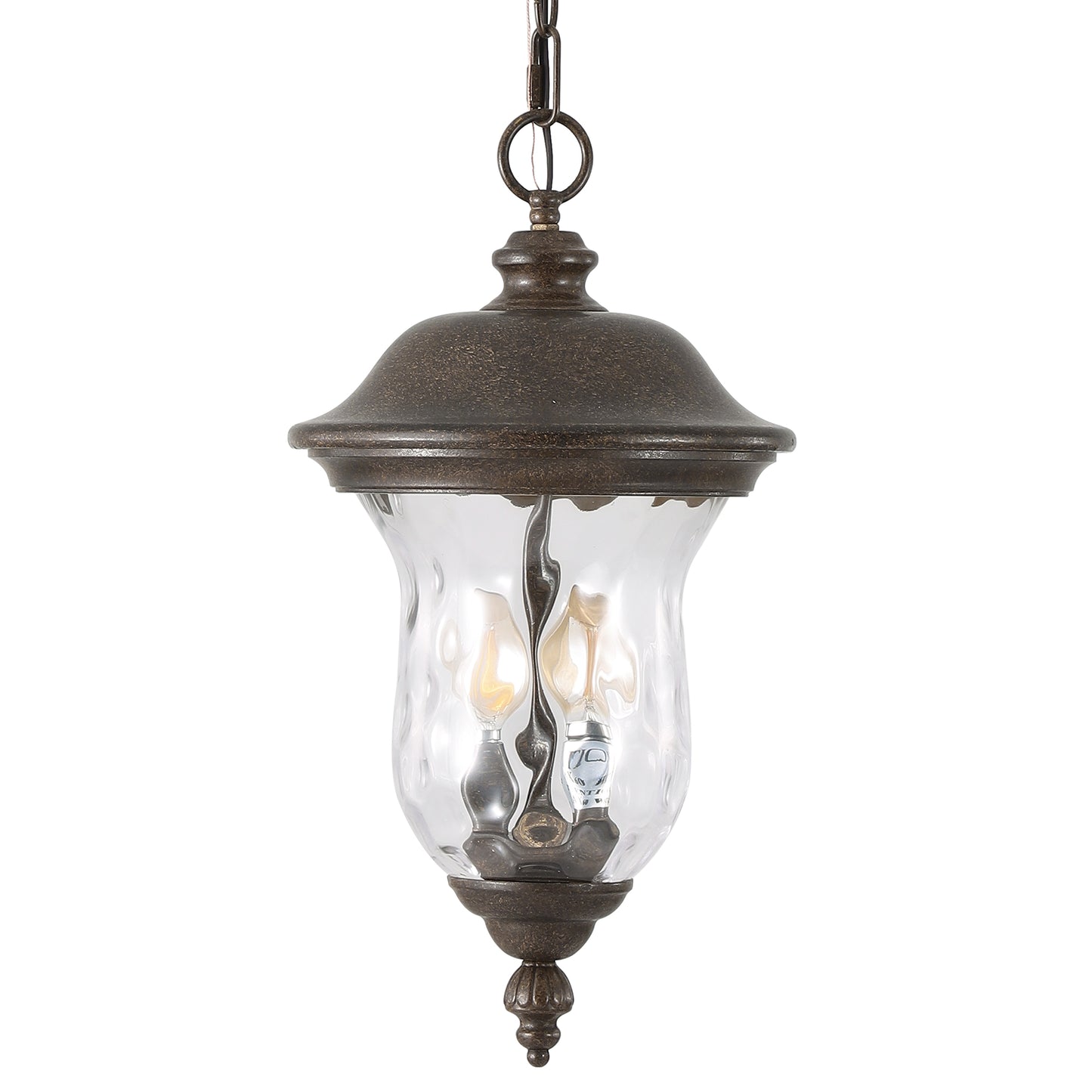 Antique bronze hanging pendant light with clear seeded glass and three bulbs