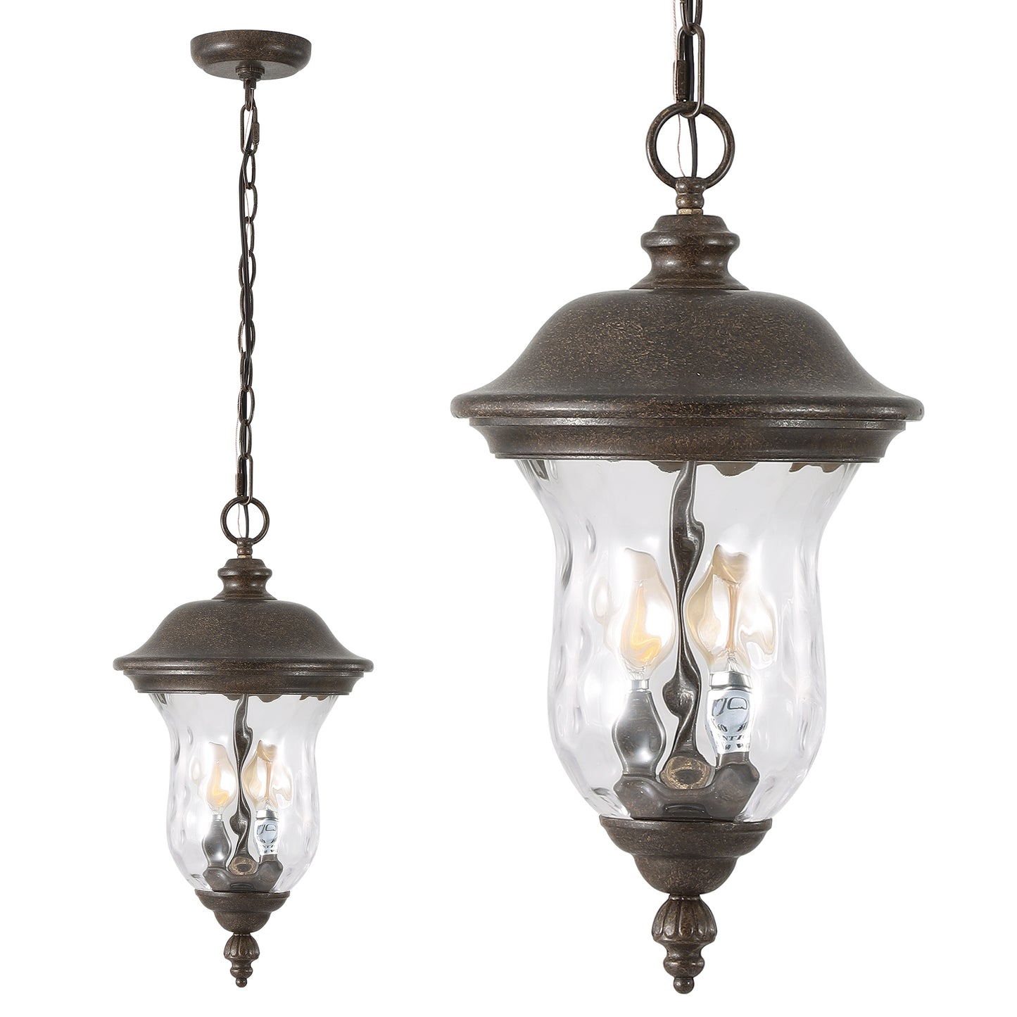 Rustic bronze outdoor pendant light with seeded glass and three Edison bulbs