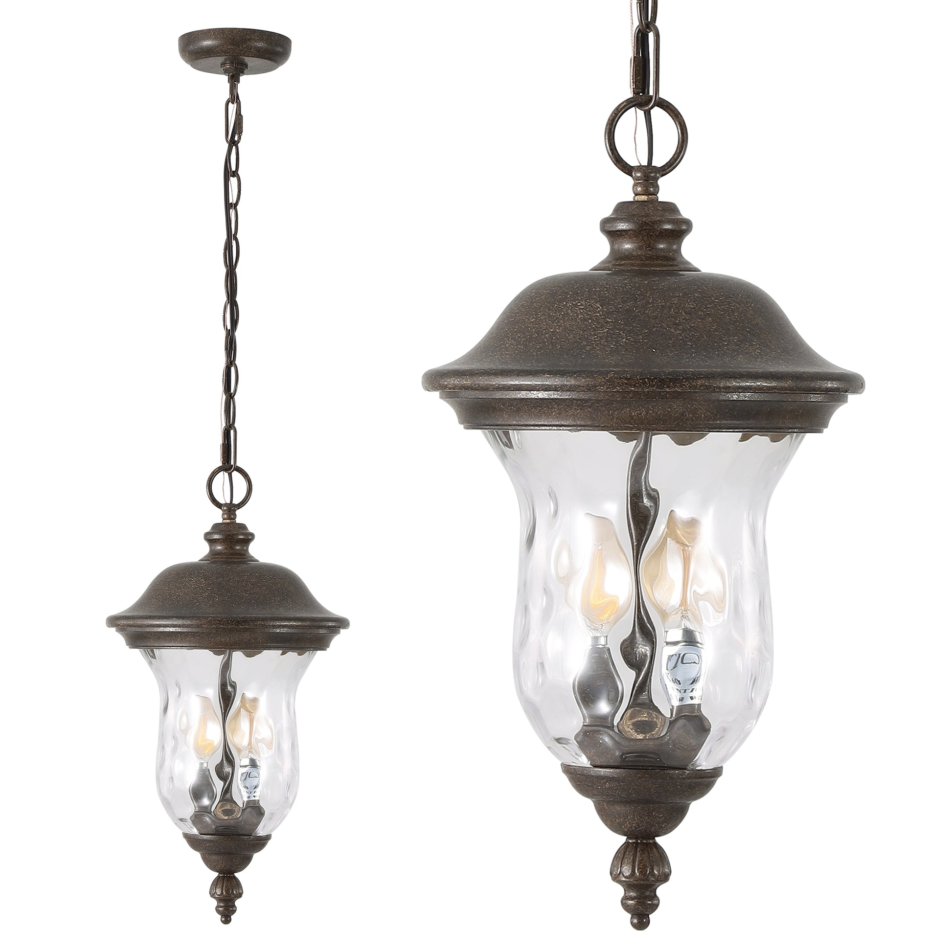 Rustic bronze outdoor pendant light with seeded glass and three Edison bulbs