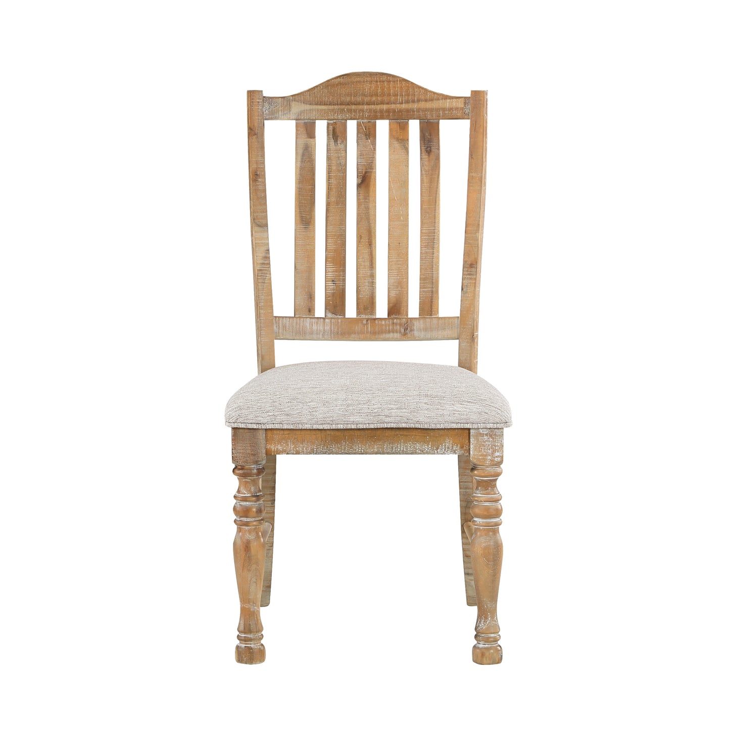 Rustic distressed wood dining chair with a woven textured seat for farmhouse decor