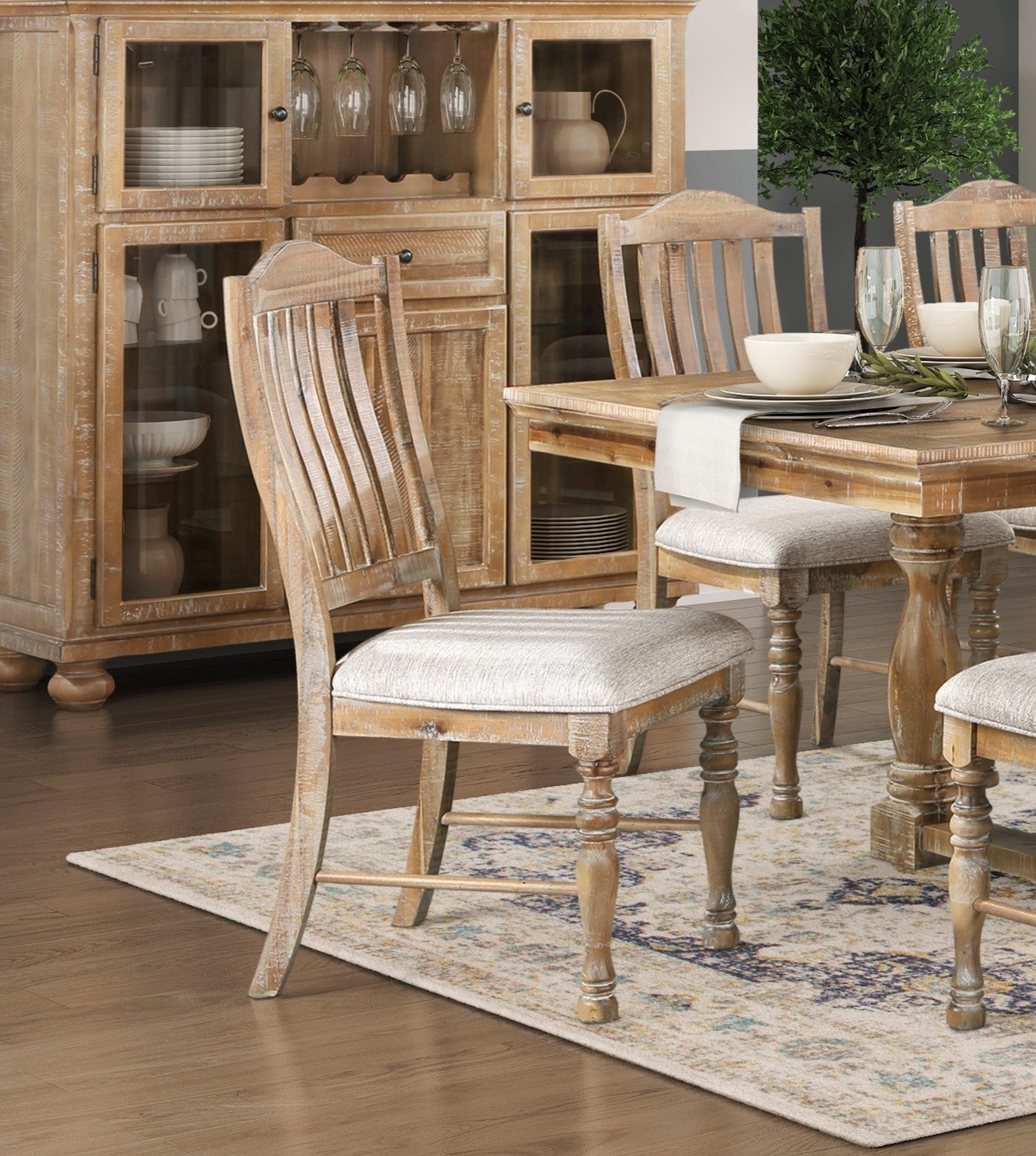 Rustic distressed wood dining chair with upholstered seat and slatted back