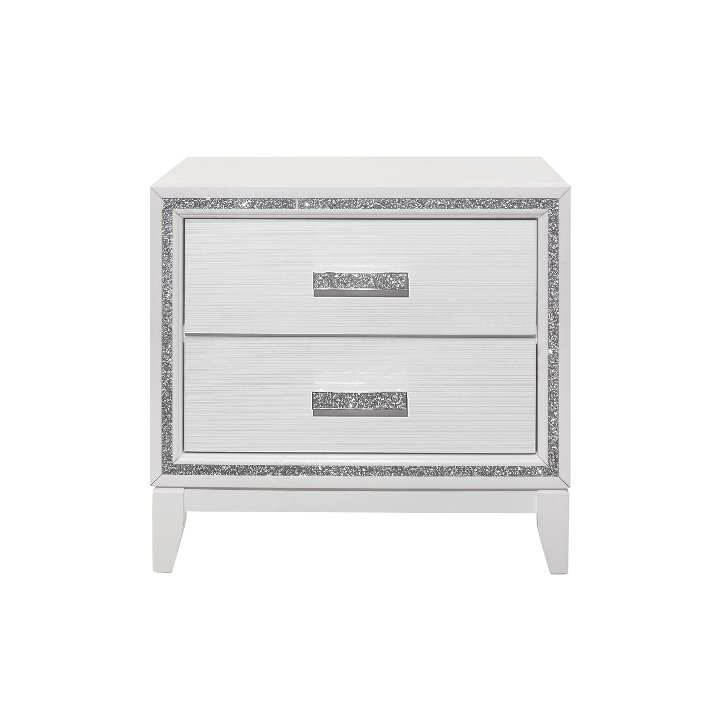 White twodrawer nightstand with crystalencrusted trim and drawer pulls