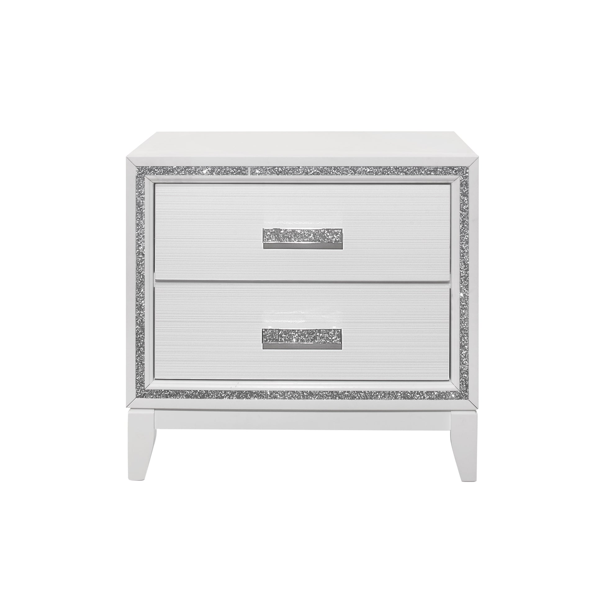 White twodrawer nightstand with crystalencrusted trim and drawer pulls