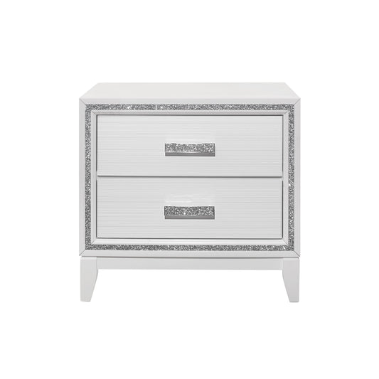 White twodrawer nightstand with crystalencrusted trim and drawer pulls