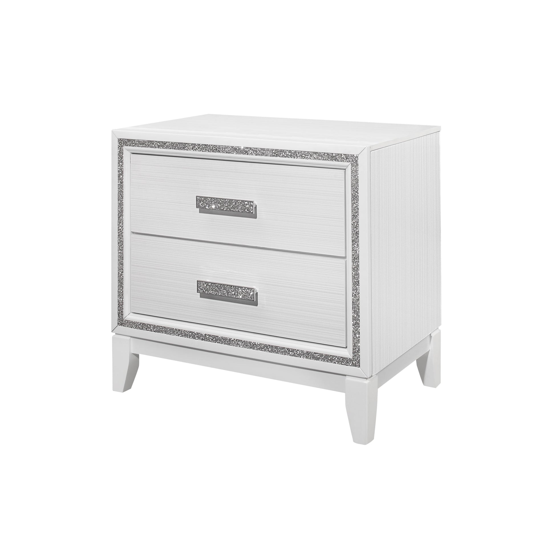 White twodrawer nightstand with crystalinlaid trim and handles