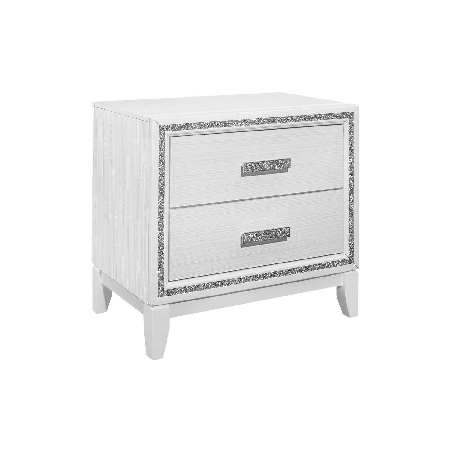 White twodrawer nightstand with crystal trim and brushed nickel pulls