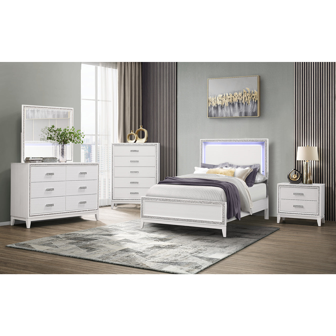 White mirrored dresser with six drawers and crystal accents